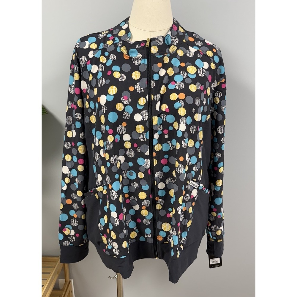 NWT Cherokee Flexibles Scrub Jacket 5X Gray Polka Dots Sporty Fit Warm Up Scrub